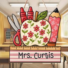 Listing image for Personalized Teacher Door Sign,Floral Apple Classroom Decor, Back to School Wood