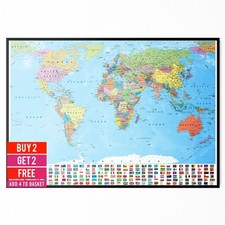 Listing image for Map Of The World Wall Poster With Flags Classroom Geography Gift Print A5-A3
